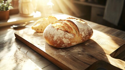 Loaf of bread on a wooden board with sunlight shining in kitchen.