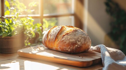 Loaf of bread on a wooden board near a window with sunlight.