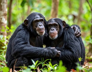 Two chimpanzees embracing in a lush forest