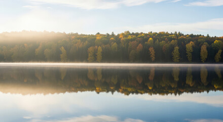 Fototapeta premium Autumnal Lake Serenity Unveils a Tranquil Vista, Where the Forest's Colorful Palette is Mirrored in the Calm Waters, Creating a Breathtaking Symphony