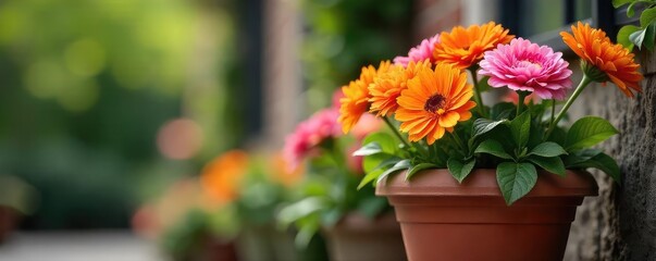 Vibrant Spring Flowers in Terracotta Planter Blooming Beauty for Home & Garden Decor