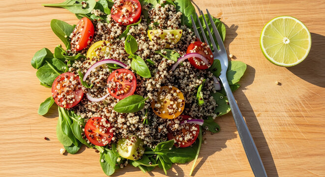 Quinoa salad with cherry tomatoes and arugula on wooden surface