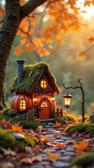 Cozy cottage in autumn woods with lantern and pathway