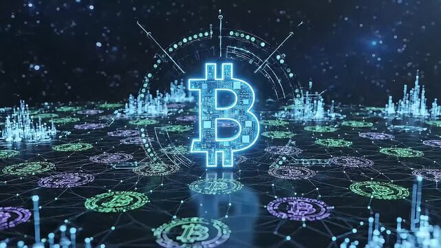 Digital Bitcoin Icon Floating in Space with Glowing Particles and Reflection