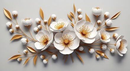 Elegant arrangement of white flowers and golden leaves on a neutral background
