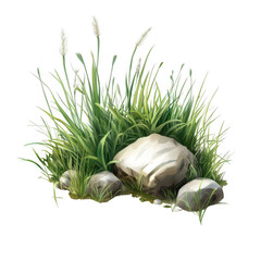 A serene depiction of a lush patch of grass and rocks. natures beauty with delicate details. ideal for backgrounds in environmental projects or nature-themed designs