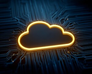 Modern, flat-style illustration of a glowing cloud icon on a circuit board, representing data storage, computing, and digital technology