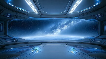 Obraz premium Interior view of a futuristic spacecraft cockpit with a star-filled galaxy visible through the window