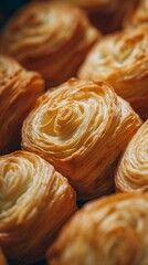 A macro flat lay of golden, flaky puff pastries, symbolizing the deliciousness, comfort, and simple pleasure of baked goods