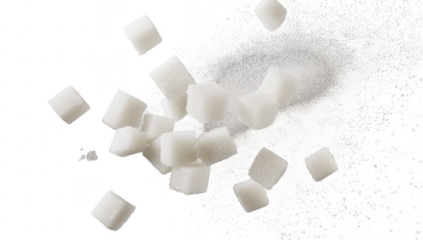 A dynamic scene white sugar cubes cascading through the air. creating a visually appealing display with a blurred gray background. ideal for culinary or health-related themes