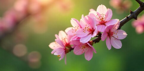 Obraz premium Vibrant spring blossoms burst forth on a lush green branch, symbolizing renewal and rebirth, capturing the essence of springtime's fresh start and the cyclical beauty of nature , new, green