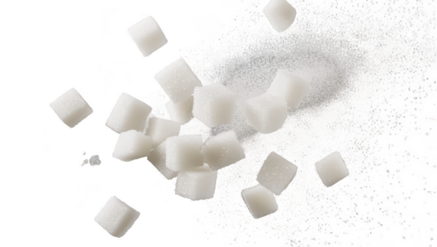 A dynamic scene white sugar cubes cascading through the air. creating a visually appealing display with a blurred gray background. ideal for culinary or health-related themes