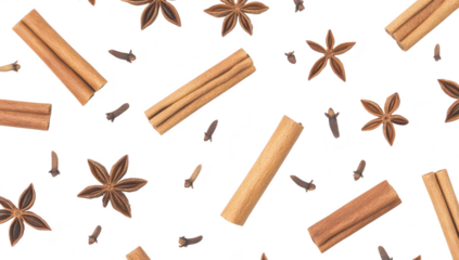 A flat lay of aromatic spices featuring cinnamon sticks. star anise. and cloves arranged artistically on a clean white background. perfect for culinary or lifestyle projects