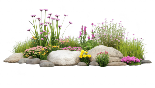 A serene garden scene featuring flowers and lush greenery surrounding smooth stones. reflected in calm water. ideal for nature-themed projects or relaxation imagery