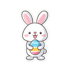 Obraz premium Cute Cartoon Bunny Holding a Colorful Easter Egg in Kawaii Style with a White Background