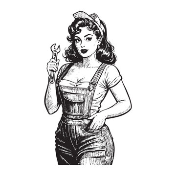 pinup mechanic holding wrench clip art preview