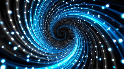 A mesmerizing blue light tunnel swirling into a vortex of glowing particles, symbolizing advanced technology, digital transformation, and the future of virtual experiences.