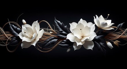 Elegant white flowers with dark leaves and gold accents on black background