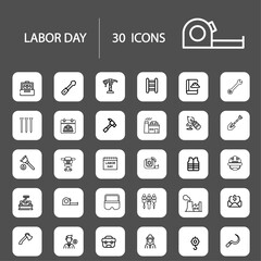 Work line icons set with editable stroke, featuring less screwdriver, drill, shoes, hammer, wrench, helmet, firs, gloves, truck, driver, equipment, plant, engine. thin linear illustration.