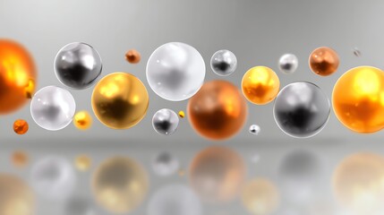 An abstract composition of colorful spheres, showcasing a blend of gold, silver, and orange hues. Ideal for design backgrounds, technology themes, or artistic projects.