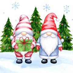 Two Christmas gnomes holding a present in front of decorated trees