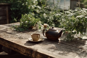 Teapot and cup on wooden table outdoors surrounded by green plants.