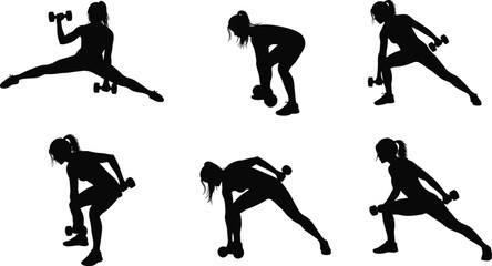 Silhouette woman fitness training with dumbbells, strength workout, exercise routine, healthy lifestyle, gym workout, body toning, active sportswoman posing