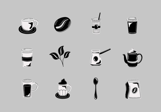 Black And White Coffee Mug Beans Icons Set