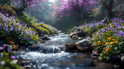 Tranquil forest stream flows through vibrant spring flowers. Sunlight illuminates purple and green natural landscape with clear water, creating happiness and comfort. Its joyful brightness offers