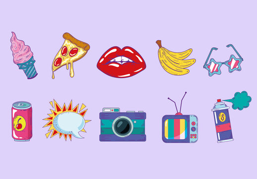 Colorful 90s Pop Art Retro Illustrations Set