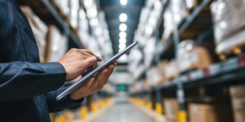 Faceless Logistics Manager in Warehouse Reviewing Digital Checklist, Neatly Stacked Shelves in Background, Conveying Trustworthiness and Efficiency, Clean Workspace with Copy Space