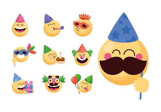 Colorful Birthday Party Emoji Celebration Illustrations Set