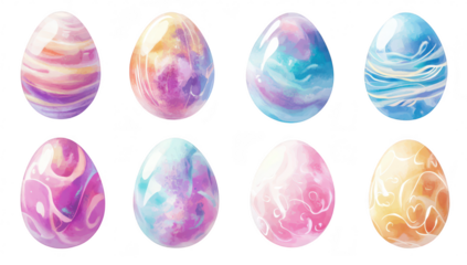 A colorful array of artistic. marbled Easter eggs in pastel shades. intricate swirls and patterns. perfect for spring celebrations and seasonal decorations