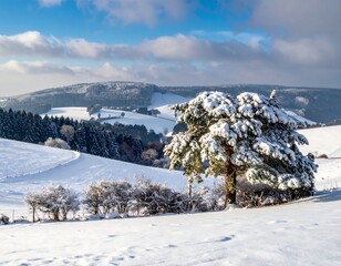 Snowy winter landscape with a pine tree