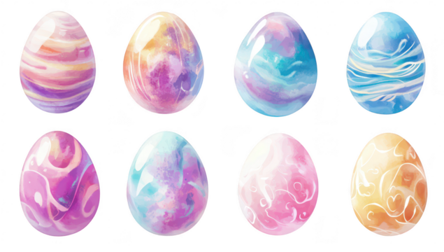 A colorful array of artistic. marbled Easter eggs in pastel shades. intricate swirls and patterns. perfect for spring celebrations and seasonal decorations