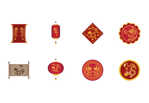 Colorful Chinese Dragon Culture Illustration Set