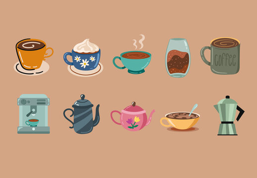 Colorful Coffee Cups Hot Drink Illustration Set