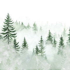 Obraz premium Lush green forest landscape shrouded in mist. tall evergreen trees surrounded by a serene atmosphere. perfect for nature-themed projects and environmental awareness