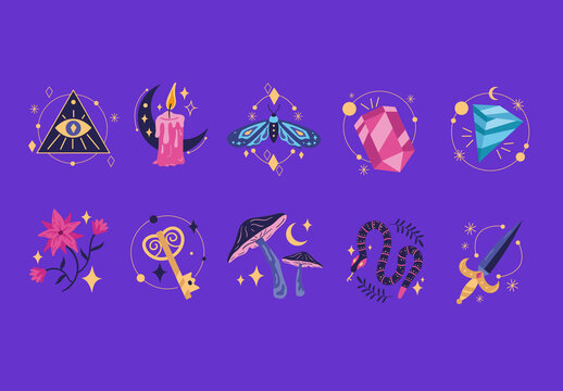 Colorful Esoteric Mystic Magic Illustrations Set