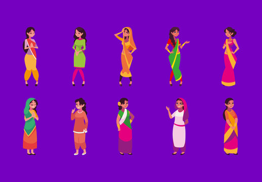 Colorful Indian Women Traditional Costume Illustrations Set