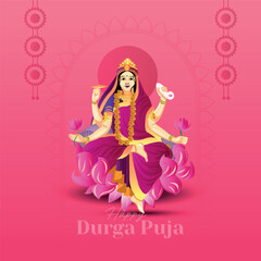 An elegant and stylized illustration of Goddess Durga, surrounded by lotus flowers, celebrating the joyous Hindu festival of Durga Puja. The design is set against a beautiful pink background.