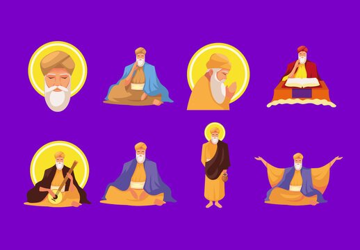 Colorful Guru Nanak Jayanti Spiritual Illustrations Set