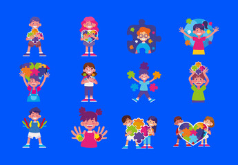 Colorful Kids Autism Awareness Puzzle Illustrations Set