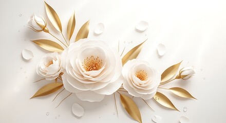 Elegant arrangement of creamy white roses and golden leaves on a clean white background, isolated