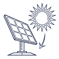 Clean energy concept with a solar panel absorbing sunlight depicted in a simple line art style