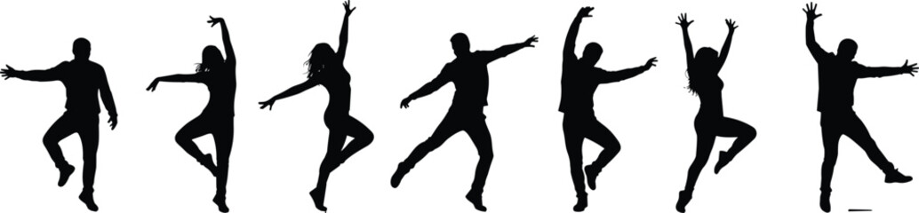 Silhouette dancers performing dynamic poses, artistic dance movement illustration, black figures isolated on white background, choreography concept, expressive performance art,