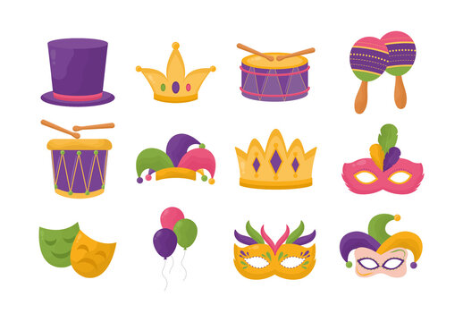 Purple And Yellow Mardi Gras Carnival Music Illustrations Set