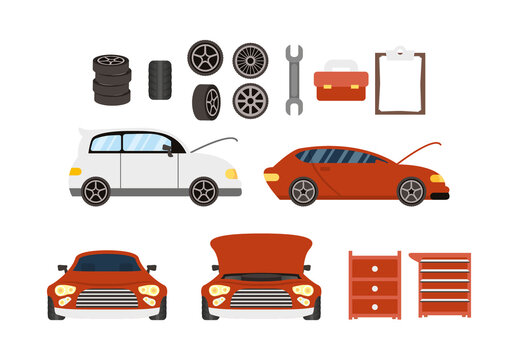 Colorful Mechanic Tools Cars Illustration Set