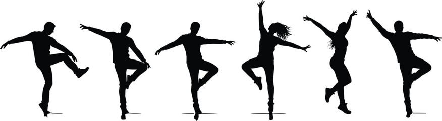 Silhouette dancers, modern dance poses, expressive movement, performing arts, creative choreography, energetic performance, artistic expression, contemporary style, group formation, graceful balance