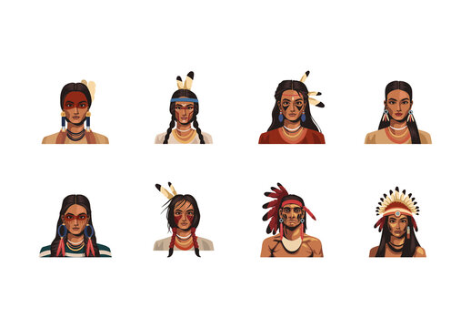 Colorful Native People Feather Headdress Illustration Set